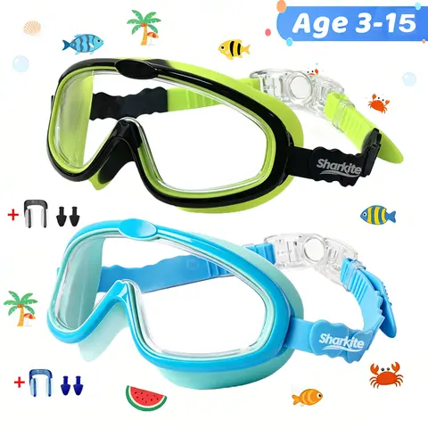 Sharkite Kids Swimming Goggles 1 Pack - 180-Degree Wide View, UV Eye Shield, Fog-Free, Waterproof, Ergonomic Soft Silicone, Kid Goggles for Swimming, Children 3-15 Years Old Pool Water Sports Accessory
