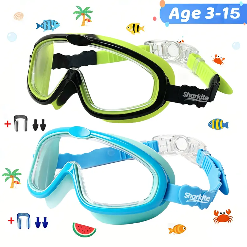 Sharkite Kids Swimming Goggles 1 Pack - 180-Degree Wide View, UV Eye Shield, Fog-Free, Waterproof, Ergonomic Soft Silicone, Kid Goggles for Swimming, Children 3-15 Years Old Pool Water Sports Accessory