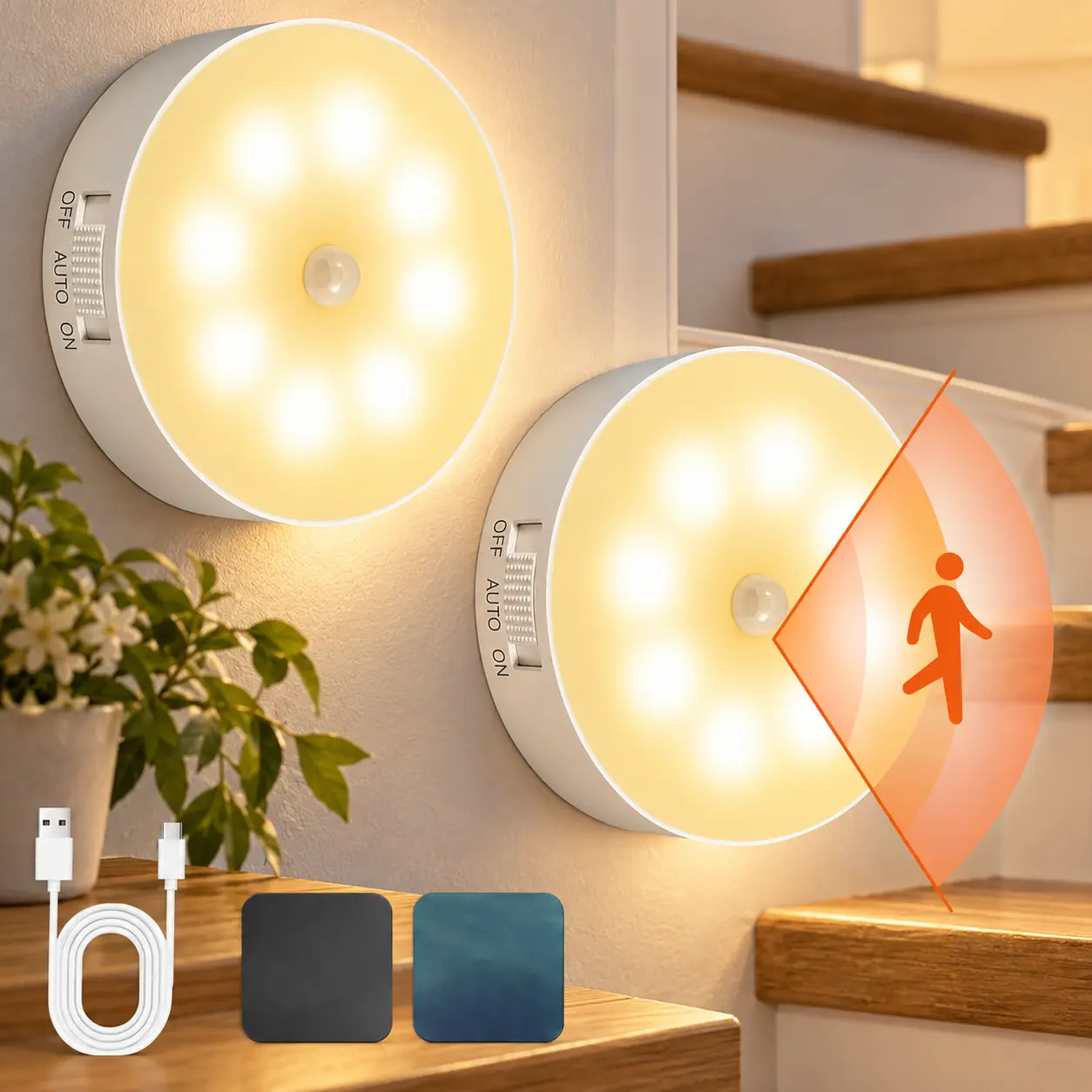 USB Rechargeable Indoor Motion Sensor Night Light - Magnetic Mount, Warm Light, Home Supply Party Gift for Kitchen, Closet