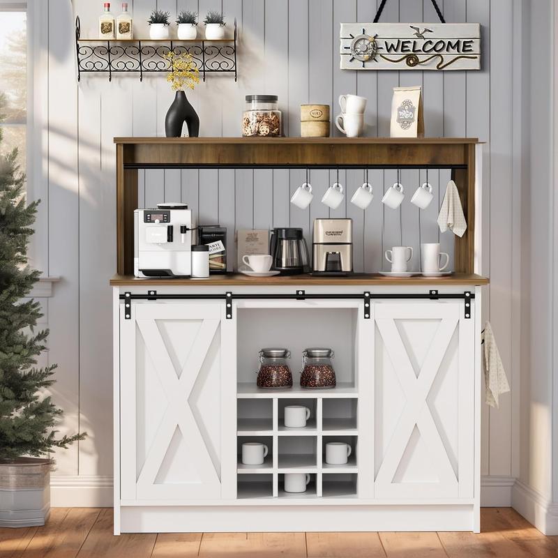HOMBCK Farmhouse Coffee Bar Cabinet, 47'' Kitchen Bar Cabinet with Sliding Barn Door, Wooden Buffet /Wine Bar Cabinet Organizerwith Open Storage Shelf