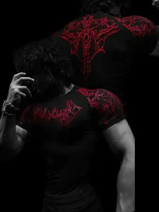 Men's New Trendy American Retro Fitness Shirt Short Sleeve Sports Quick-Dry Elastic Training T-Shirt, Gym Workout Wear, All over Print Slim-Fitting Tee