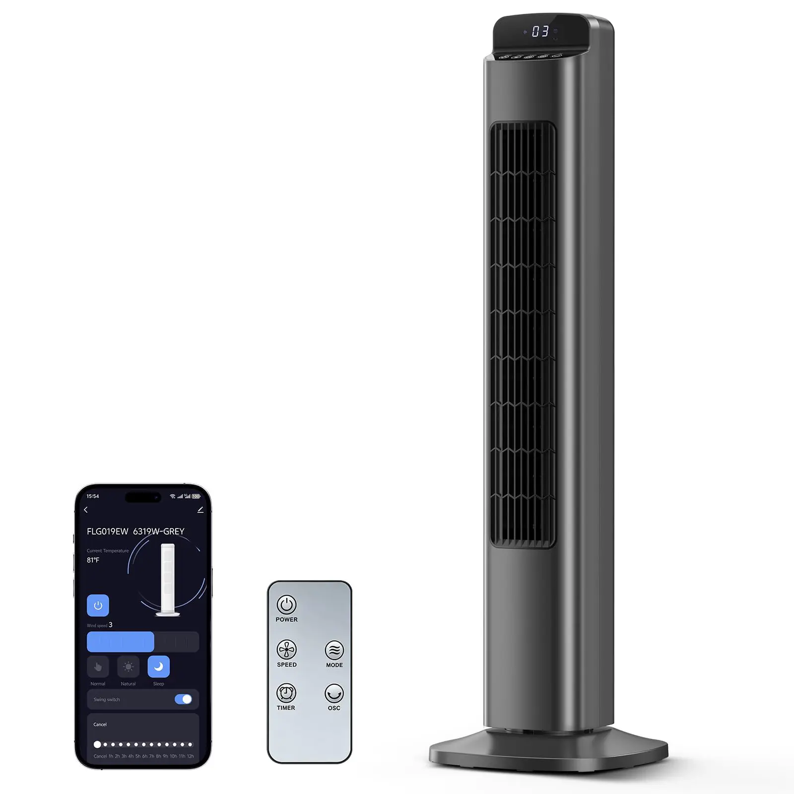 Portable Tower Fan, 80° Oscillation, with Remote Control, Bladeless Fan, 5 Speeds and 3 Modes, Low Noise Tower Fan for Bedroom and Living Room, Black