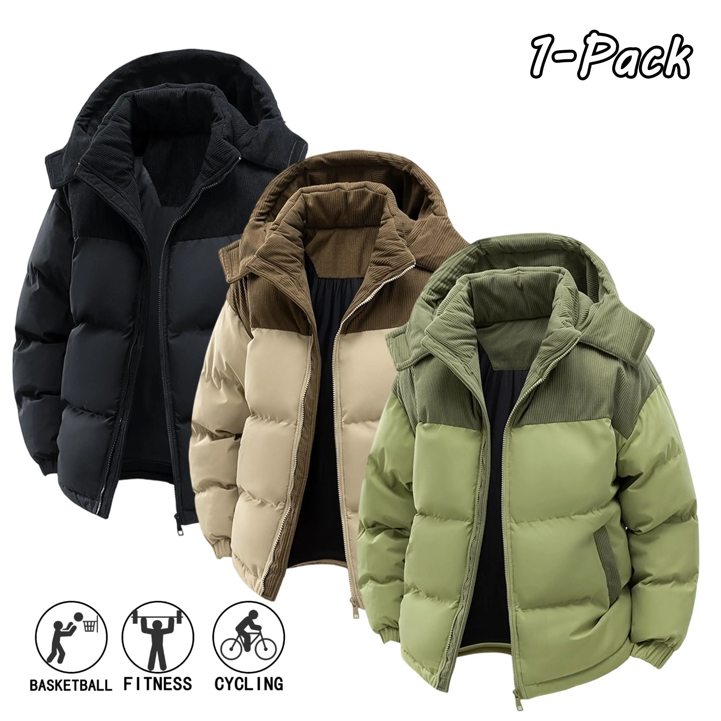 Men's Winter Casual Hooded Cotton Jacket Unisex Versatile Design, Detachable Hood, Patchwork Bread Style Thick Coat for Couples, Outdoor Sports & Everyday Wear