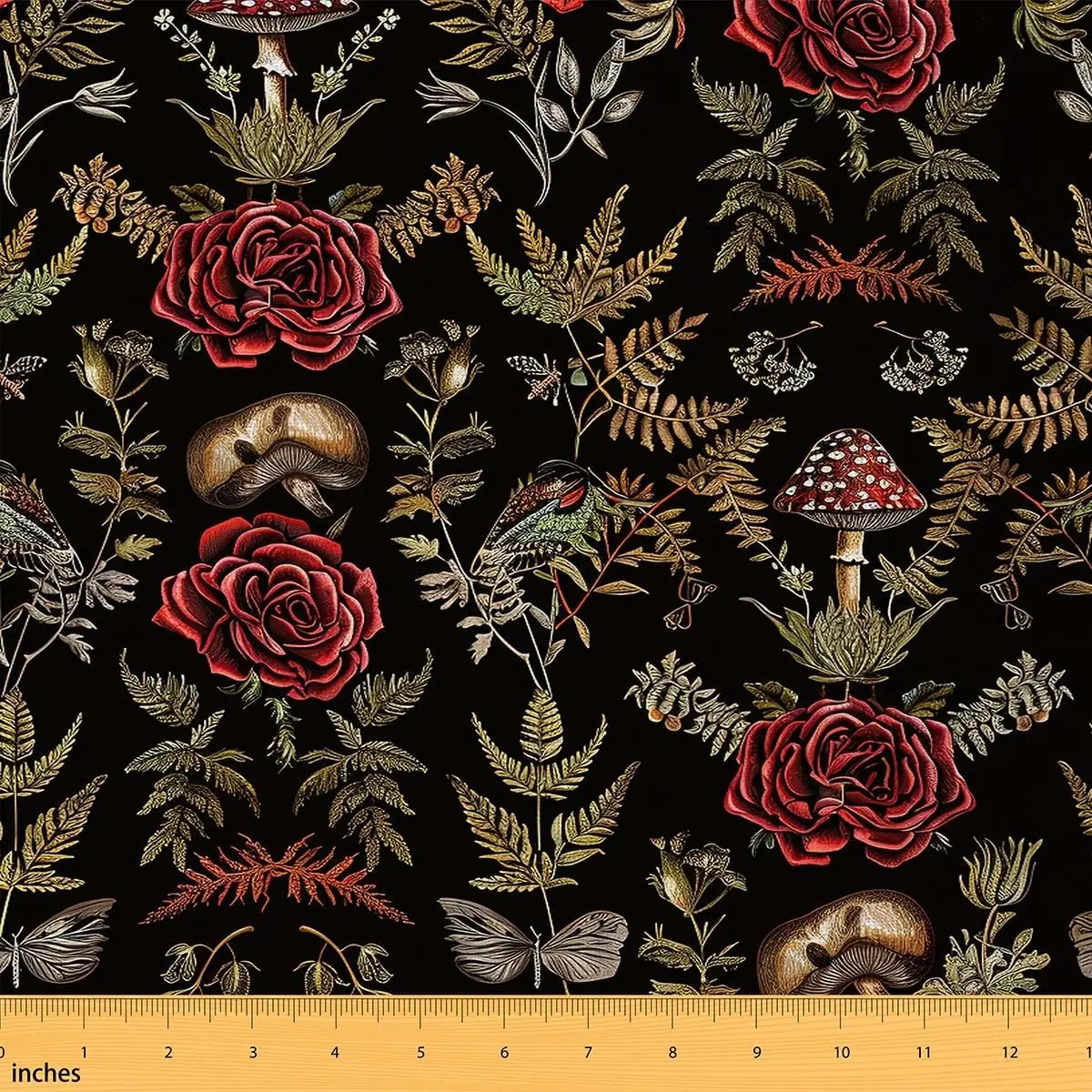 Cute Mushroom Upholstery Fabric for Chairs,Red Rose Floral Botanical Plants Fabric By The Yard,Natural Fungus Fabric for DIY Projects, Colorful Floral Pattern, Durable Performance Fabric