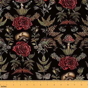 Cute Mushroom Upholstery Fabric for Chairs,Red Rose Floral Botanical Plants Fabric By The Yard,Natural Fungus Fabric for DIY Projects