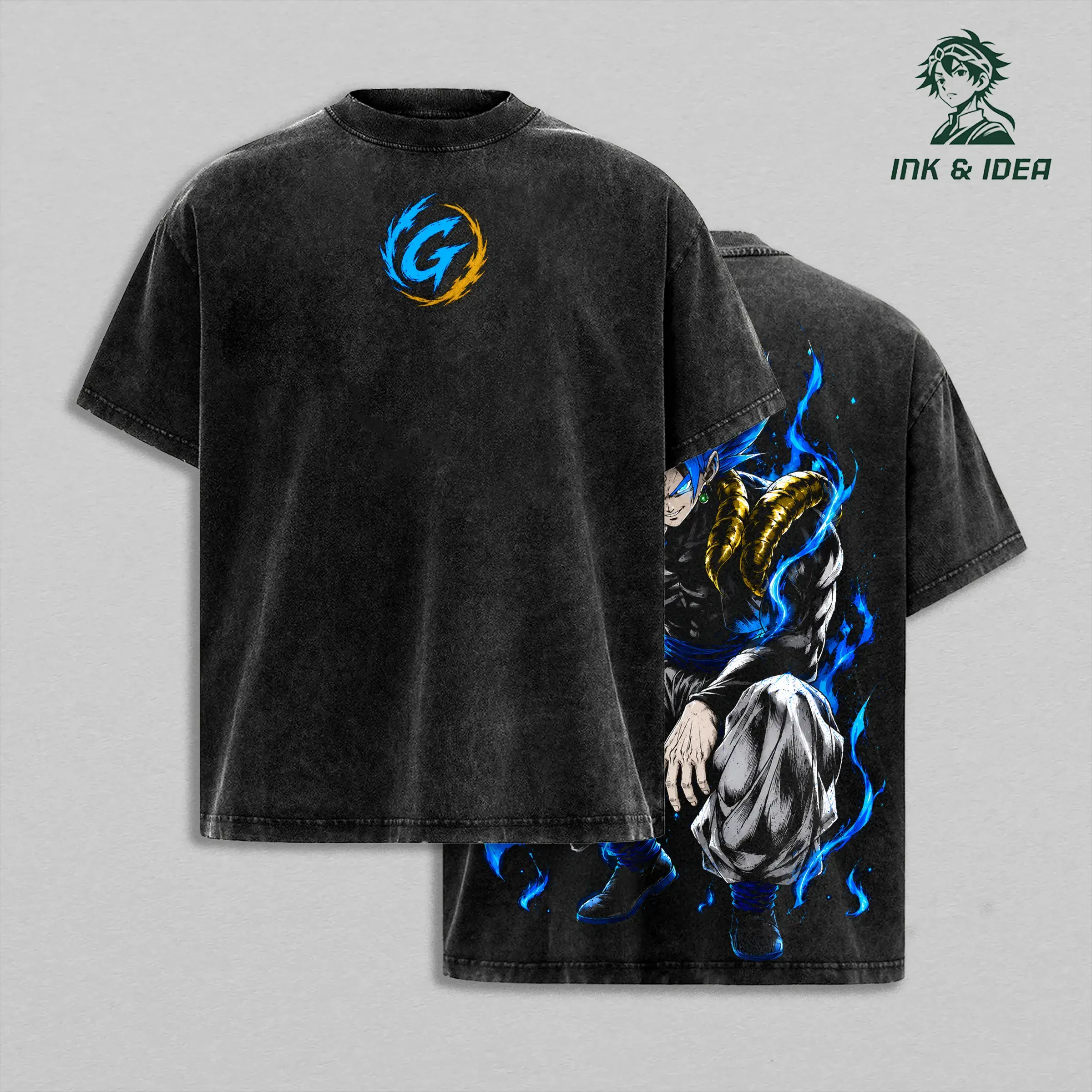 Vintage Washed Heavy Cotton Anime T-Shirt: Blue Warrior Fusion Graphic Tee, Oversized Gym Pump Cover & 90s Streetwear, Unisex Short Sleeve Power Back Print Shirt for Men and Women, Trendy Blue Aura Retro American Casual Apparel Workout Clothing!