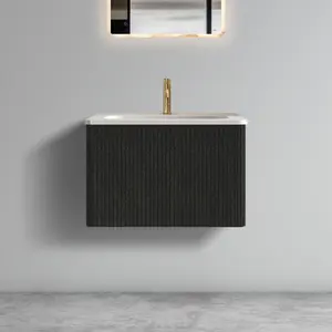 24" Striped Brushed Black Oak Floating Bathroom Vanity with White Ceramic Sink, Bathroom Vanity for Modern Bathroom, One-Piece White Sink Basin without Drain, Pre-assembled