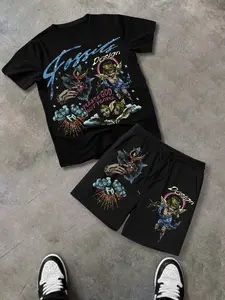 Angel Print Unisex Two-Piece Set, 'please God Not People' Slogan T-Shirt & Shorts, Casual Streetwear Summer