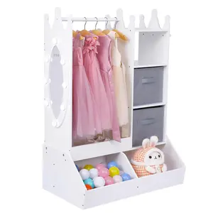 【GARVEE】Kids Closet White Armoire with Mirror and Light, Featuring Open Hanging Space, 3 Storage Grids, 2 Toy Bins, and 3 Side Hooks for Organized Bedroom and Playroom Storage