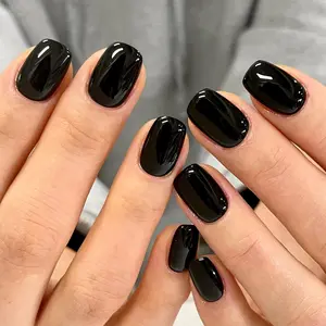 Nails Extra Short Squoval, Winter Pure Black on Gel Nails, 24Pcs Glossy Round Reusable Daily UV Finish artificial Nails Acrylic artificial Nails for Women Gift