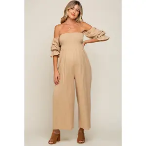 Beige Linen Smocked Off Shoulder Wide Leg Maternity Jumpsuit
