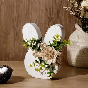 Easter Home Decorations: Vintage Wooden Bunnies in a Rustic Style for a Joyful Easter Table Centerpiece, Featuring a Cottage White Rabbit And Floral Wooden Bunnies, Perfect As Charming Easter Gifts, Home Decor Ornament