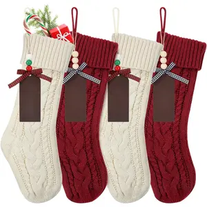 Christmas Stockings, 4 Pack 18" Large Cable Knit Xmas Stockings Personalized with Wooden Name Tags for Christmas Decorations Family Holiday Party Decor