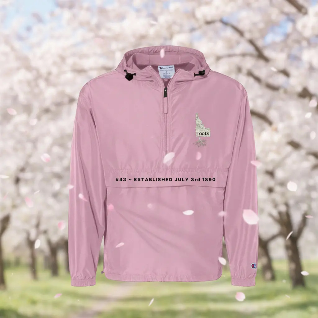 Champion 1/4 Zip Hooded Pullover Windbreaker w/center pocket - Idaho Roots Established