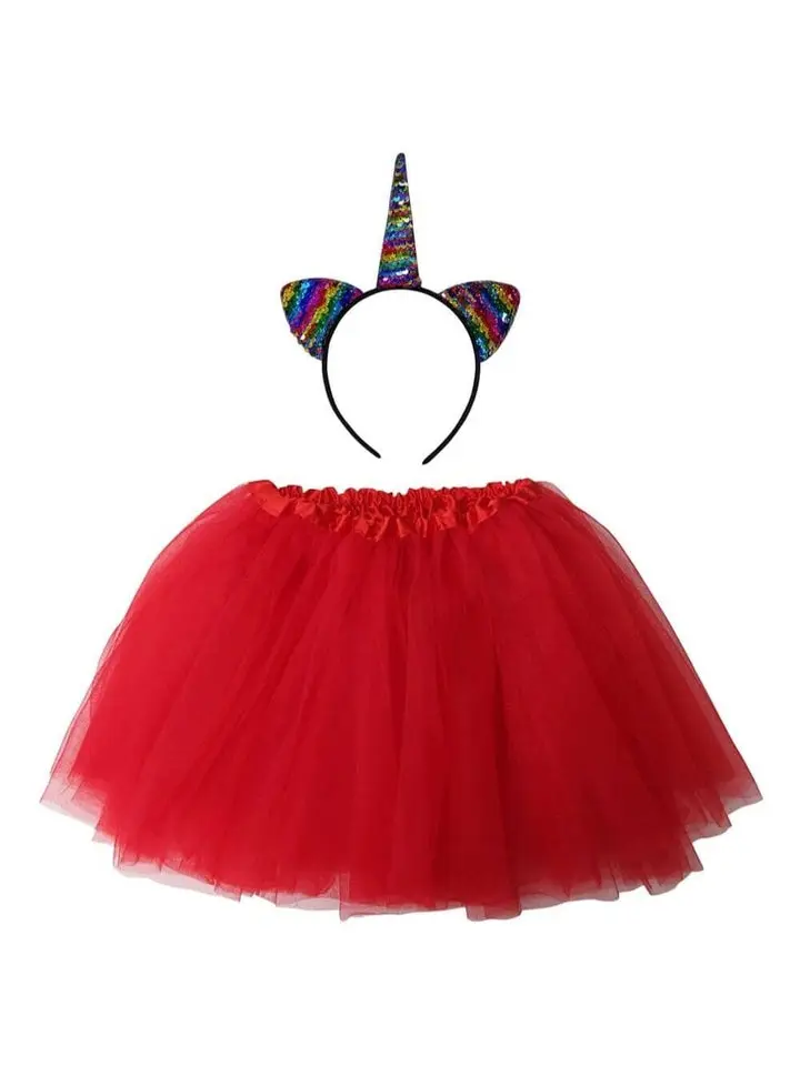 Girls Rainbow Red Unicorn Costume - Complete Kids Costume Set with Tutu & Flip Sequin Unicorn Headband Horn