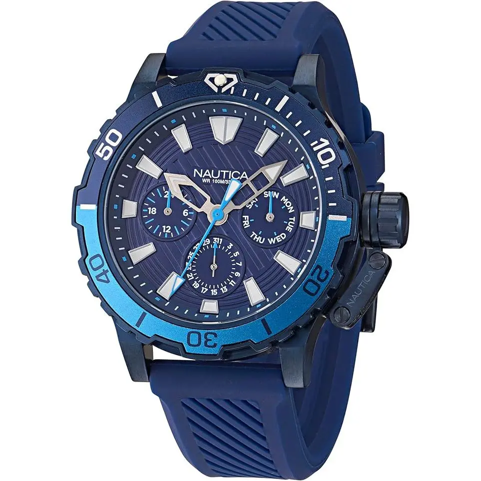 Nautica Glenrock Men's Round Quartz Watch - Lagoon Blue, Durable Silicone Band, 30M - 50M Water Resistance, Large Sporty Timepiece, Model NAPGLAS35