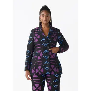 Uyai Women's African Print Stretch Blazer (Black Purple Mudcloth)