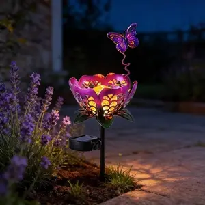 Solar Butterfly Lotus Lamp, Forging Iron Outdoor Statue Decor Light, Garden Lawn Yard Landscape Enhancement, Solar Powered Lighting, Solar Pathway Lights