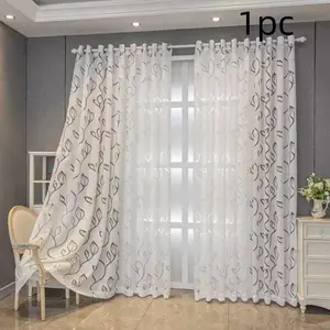 Modern Leaf Pattern Sheer Curtain, Korean Style Drapes for Living Room & Bedroom, Half Light Blocking Window Decor, Home Decoration Curtain, 86x97 Cm
