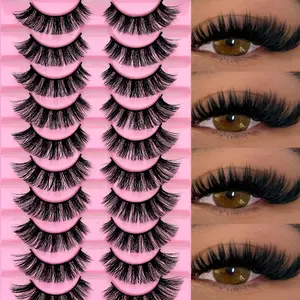 10 Pairs D Curl Russian Strip Lashes Wispy Fluffy Volume False Eyelashes Thick Dense Eyelashes Curly Dramatic Cross  Eyelashes Extension Makeup Strip Lashes,Lashes,Eyelashes,Fake Lashes,High Quality Eyelashes
