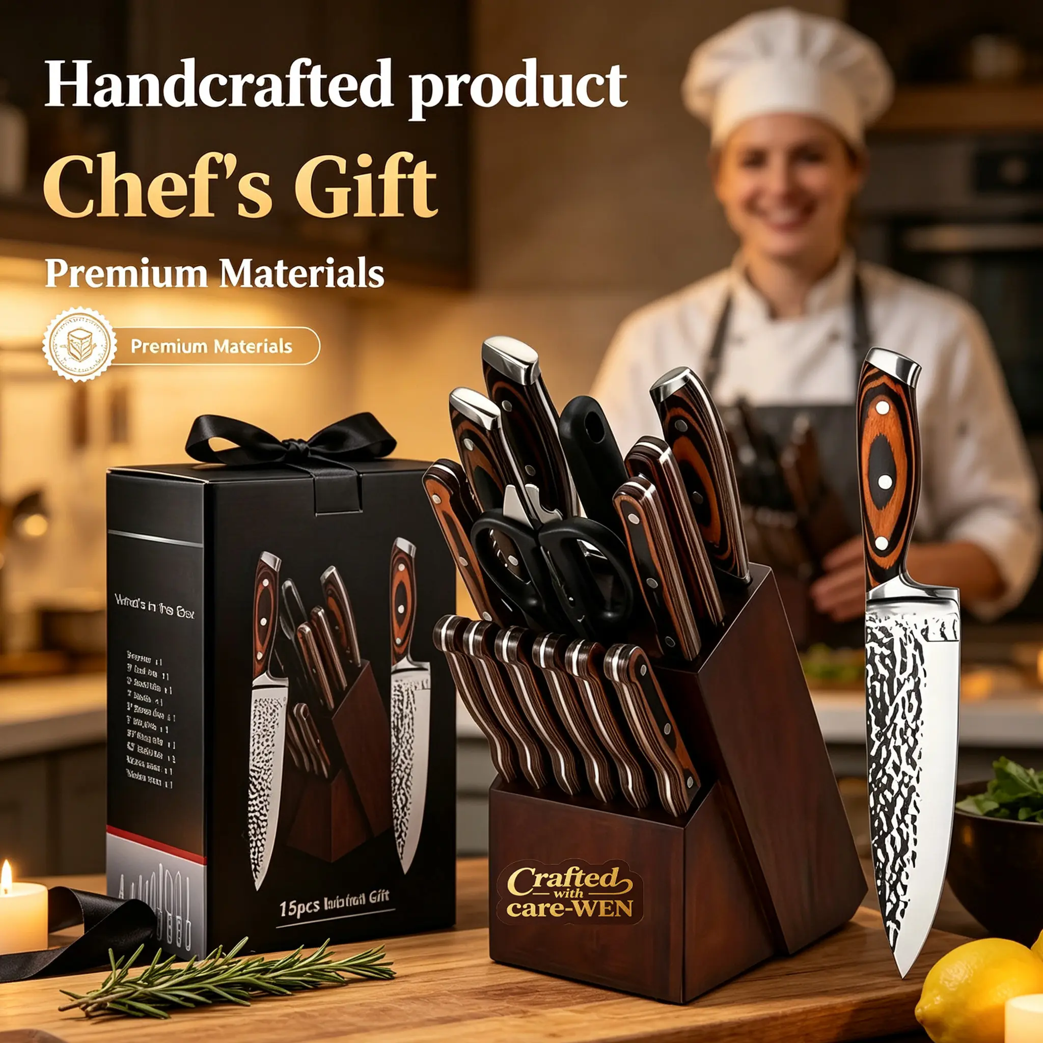 15-piece set, dark brown professional kitchen knife set with brown knife block, sharpener, thickened stainless steel blades, high-hardness faux wood non-slip handles, suitable for cooking, cutting, kitchen or camping use. fish