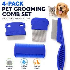 4 Pack Stainless Steel Pet Grooming Comb Set, Flea Comb with Rounded Teeth, Double-Sided Tear Stain & Dematting Tool for Dogs and Cats