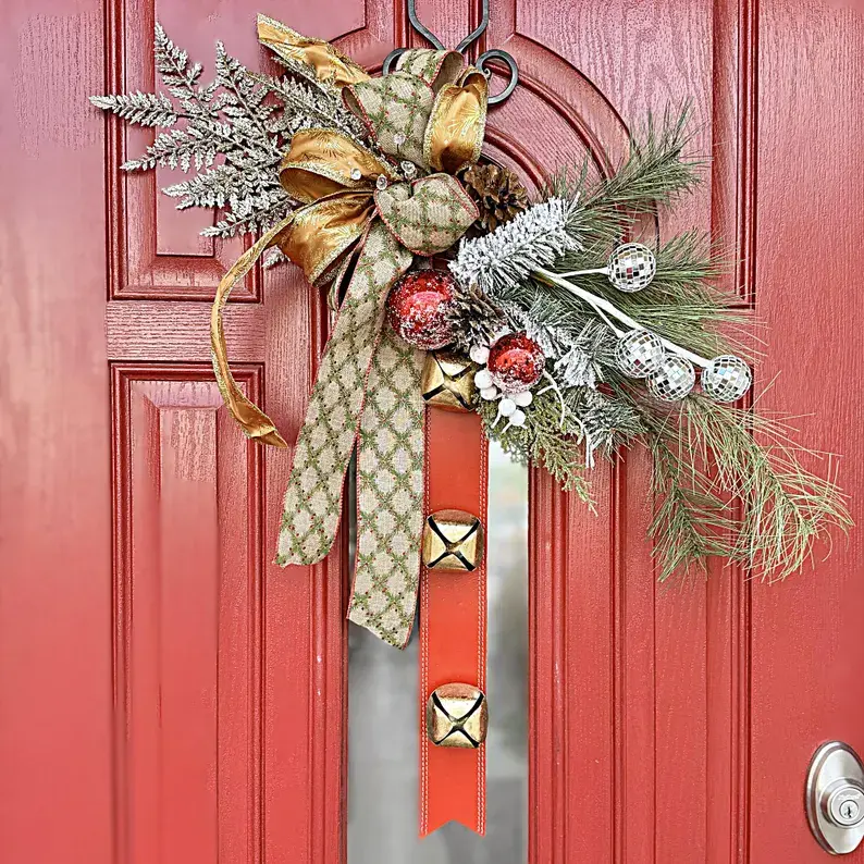Festive Leather Christmas Wreath Swag Christmas Door Delight Swag with Shiny Disco Leather Charm Disco Balls Christmas Entryway Decoration