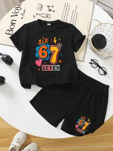 Children's Colorful Digital 67 Patterned T-Shirt Set - Summer Boys And Girls Short-Sleeved Shorts Two-Piece Set - Baby Casual, Stylish, Individualistic, Versatile Daily Wear #Gift #Essential For School #Birthday Party Clothes