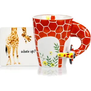 3D Giraffe Ceramic Mug with Coaster Set What's Up Coaster Unique Handcrafted Novelty Mugs 12 oz Coffee Mug for Giraffe Fans Colorful Drinkware