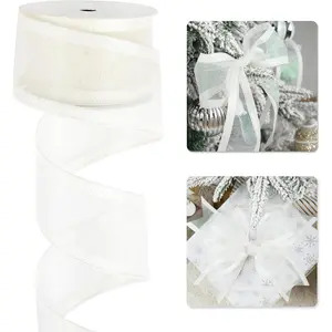 White Christmas Ribbon Wired 2.5 Inch Metallic White Wired Ribbon with Glitter Stripe, White Ribbon for Christmas Tree, Wreaths Supplies, Swag, Garland, Holiday Decor - 10 Yards