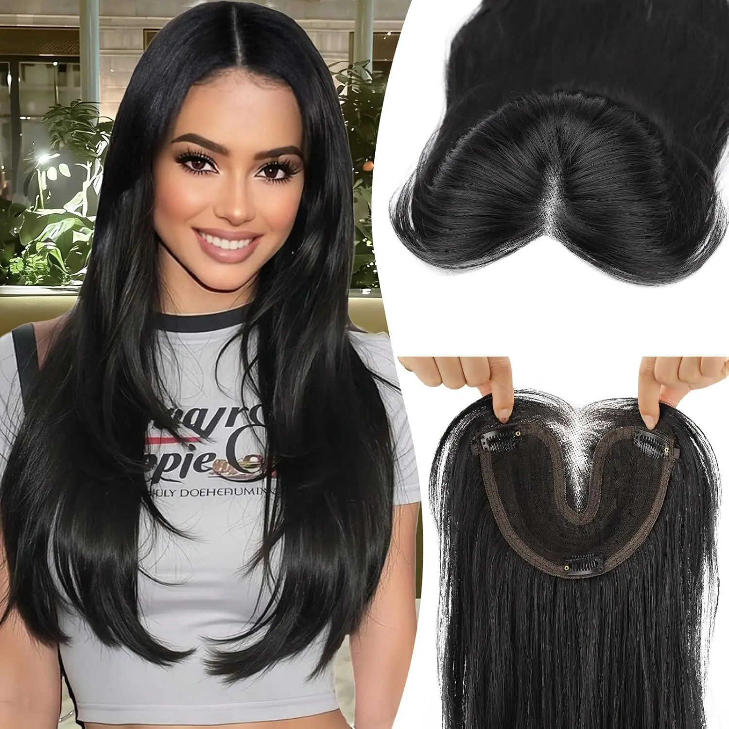 Women's 6.5*4.5 Inch Black Wavy Synthetic Fiber Hair Toppers, 360° Hand-Knitted Clip Wiglets for Hair Loss - Natural Look, Seamless Part, Volume-Boosting, Add Hair Volume, Volume Boost