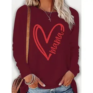 2026 new Valentine's Day Heart Pattern Printed T-shirt, Long Sleeve Round Neck Casual Top, Spring and Autumn Women's Clothing