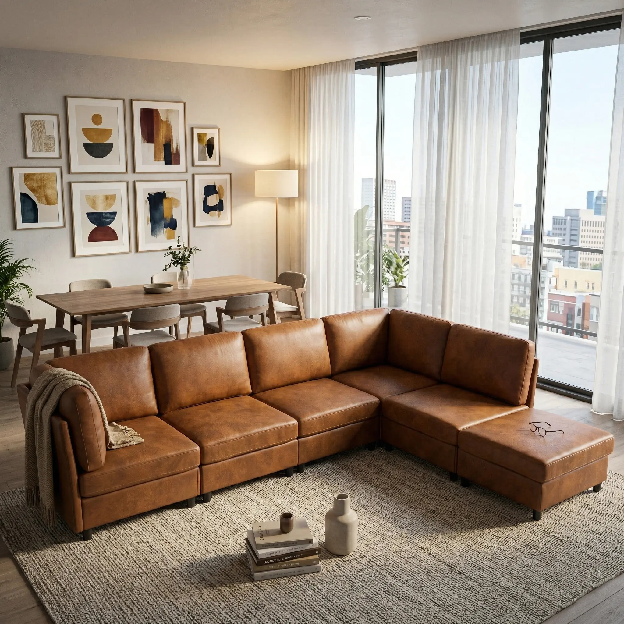 Eyisean 124" Leather Luxury Modular L-Shaped Corner Sofa, 6-Seater Oversized Upholstered Couch with Movable Ottoman, Durable Deep-Seat Plastic-Legged Piece, DIY Combination Convertible Sleeper for Living Room