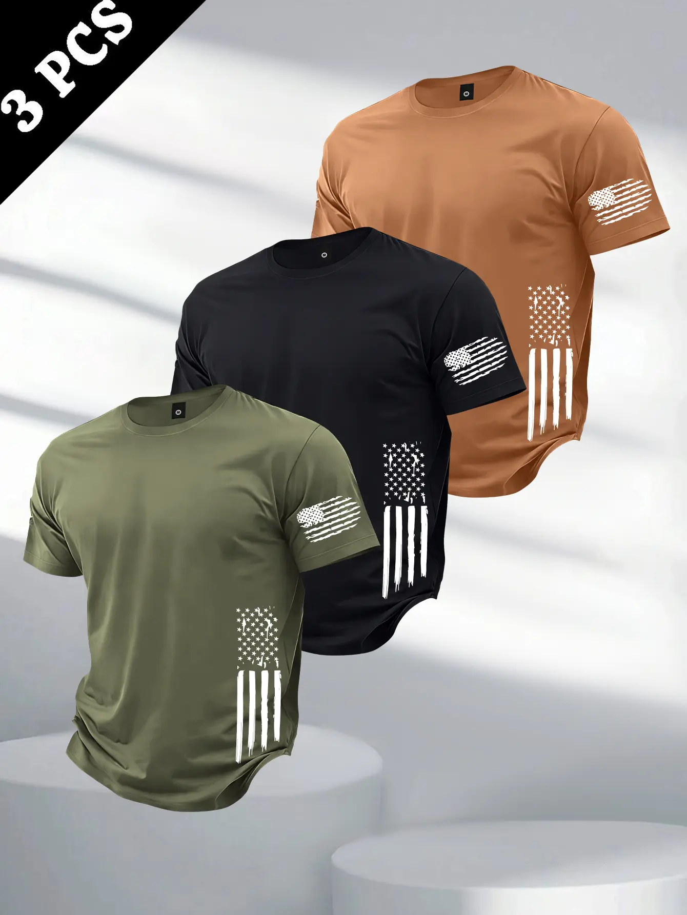 Men’s 3-Piece Lightweight Short-Sleeve Polyester Round Neck Regular Fit T-Shirt Set - Patriotic Flag Print Tops for Commuting, Outdoor Activities, Summer Mens Clothes Products