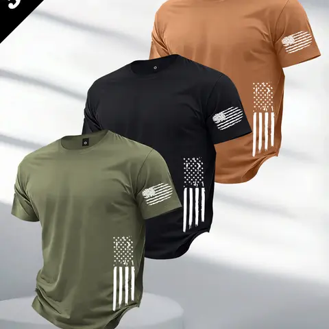 Men’s 3-Piece Lightweight Short-Sleeve Polyester Round Neck Regular Fit T-Shirt Set - Patriotic Flag Print Tops for Commuting, Outdoor Activities, No