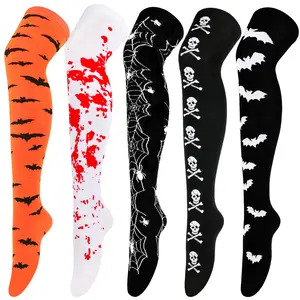 Halloween Funny Knee-High Socks (1 Pair) - Skull Spider Bat Web Design, Comfortable Breathable Stretchy Fabric, Perfect for Costume Cosplay Party, Multi-Color Options, Womenswear
