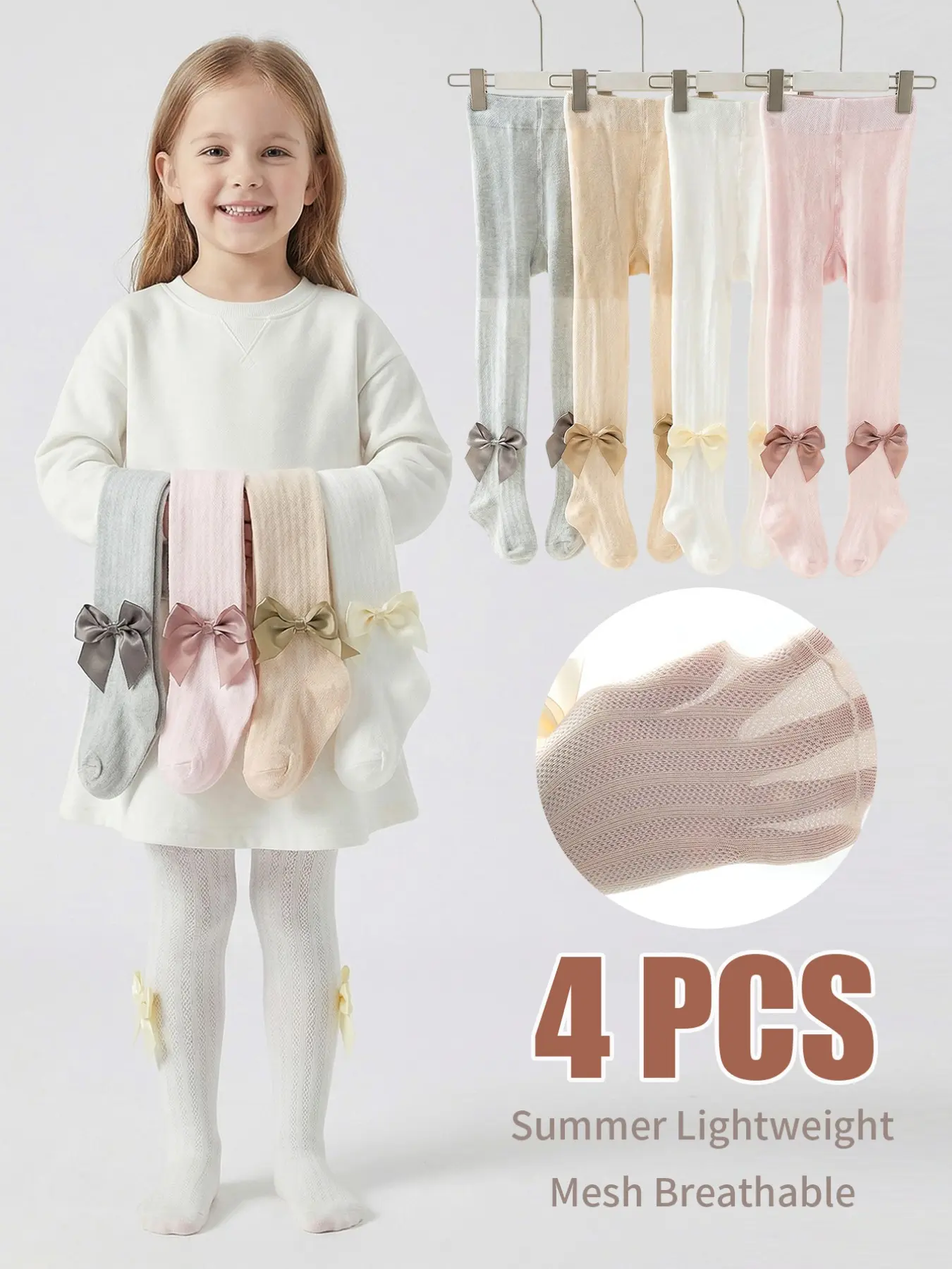 4-Pack Girls' Leggings Bow, Summer Mesh Thin Breathable Mosquito-Proof Underwear, Casual Fitted Design Solid Pattern, Daily Wear Essential Protection