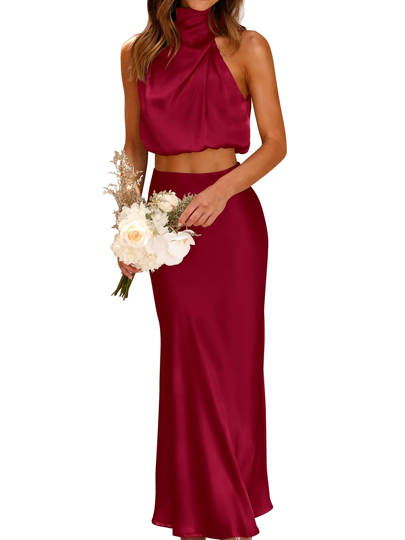 PrettyGarden Women's 2-Piece Satin Outfits Summer Sleeveless Mock Neck Crop Tops And Long Skirt Dress Sets