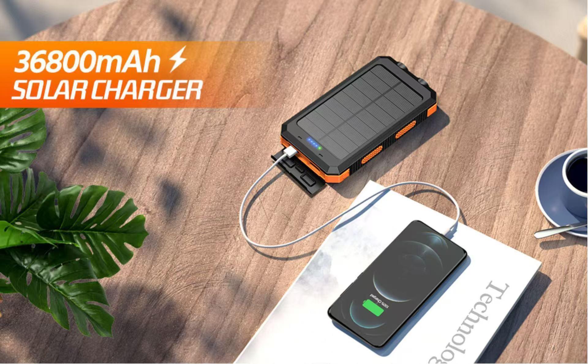 Portable Solar Phone Charger, Camping External Battery Charger for Mobile Phones, with 2 USB Ports and LED Flashlight (with Compass), Ideal for Outdoor Activities, 10000/20000 mAh Solar Power Bank
