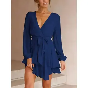 Women’s V Neck Long Sleeve Mini Dress Tie Waist Ruffle Hem Casual Dress