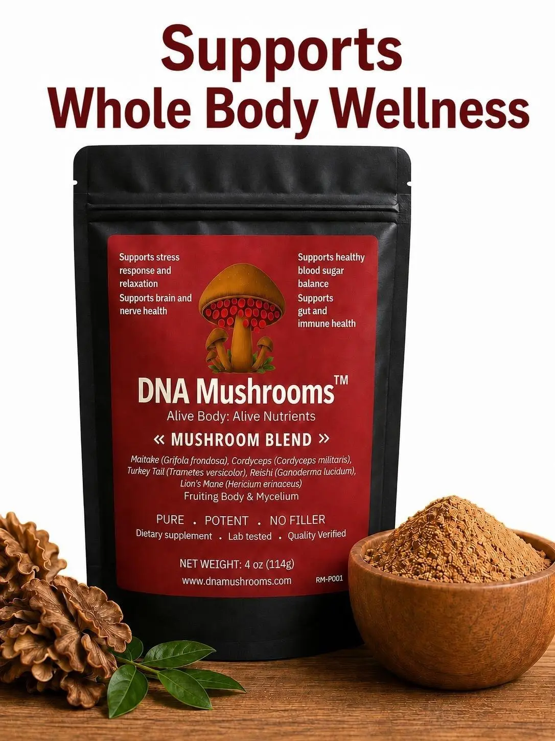 DNA Mushroom Matrix Blend Healthcare Fitness Supplement - Organic Reishi Cordyceps Lion's Mane Turkey Tail Maitake, Antioxidant Magic, Dairy Free Whole Body Wellness Support (Focus, Balance, Immune Health, Energy, Gut Health), Pure Potent No Fillers, Lab