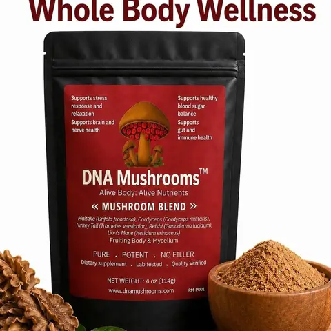 Organic DNA Blend Matrix Mushroom Fine Powder - 4oz/8oz, Reishi, Cordyceps, Lion's Mane, Turkey Tail, Maitake Fruiting+Mycelium Mix, Antioxidant, Dairy-Free, Lab-Verified, Brain Health, Adults, 24-Month Shelf Life, No Fillers, Whole Body Support