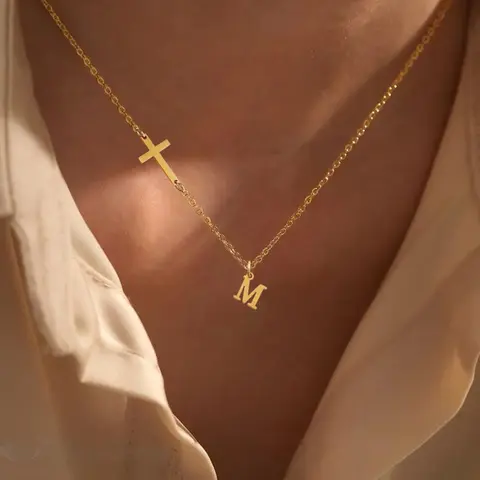 Fashion Initial Necklace for Women, Cross & Letter Pendant Necklace, Cross Necklaces, Cross Design Necklace, Stainless Steel Jewelry for Party, Daily Decor, Jewelry for Birthday Gift, Statement Necklace, Non Tarnish Jewelry
