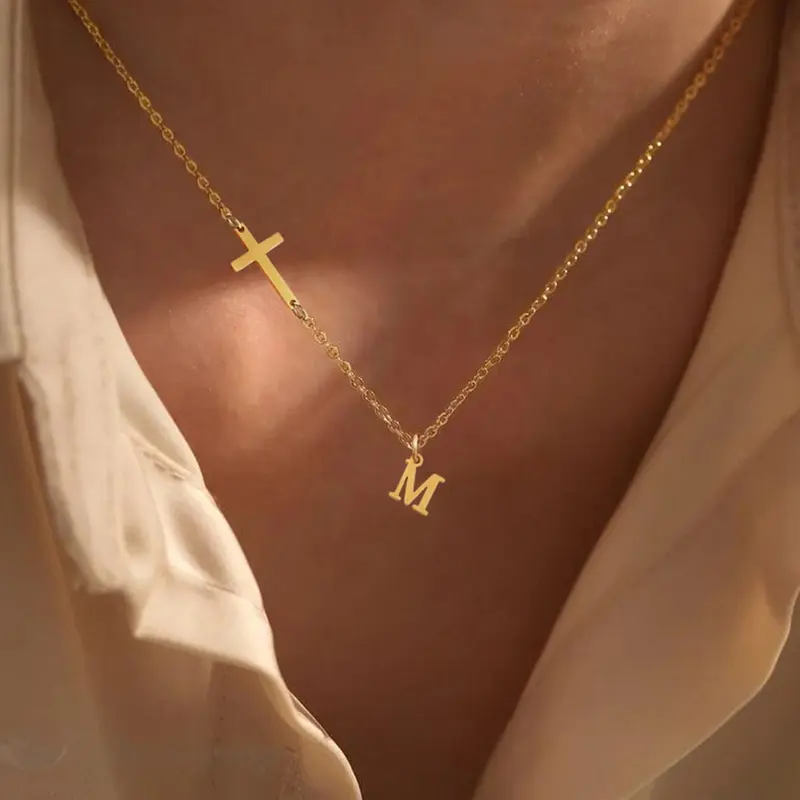 Fashion Initial Necklace for Women, Cross & Letter Pendant Necklace, Cross Necklaces, Cross Design Necklace, Stainless Steel Jewelry for Party, Daily Decor, Jewelry for Birthday Gift, Statement Necklace, Non Tarnish Jewelry