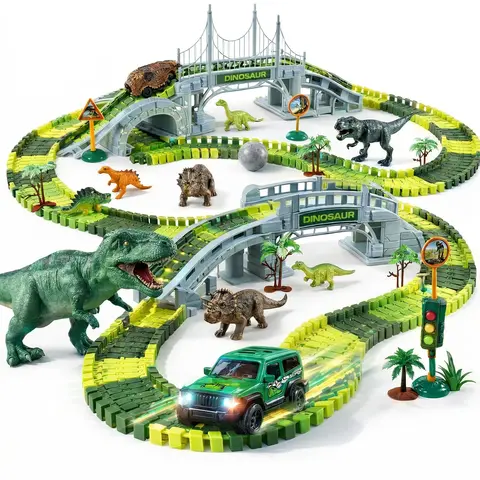215 PCS Dinosaur Track Toys for Kids, Flexible Race Car Track Set with Glow in the Dark Stickers, Create a Dino World Adventure Road Race Gift