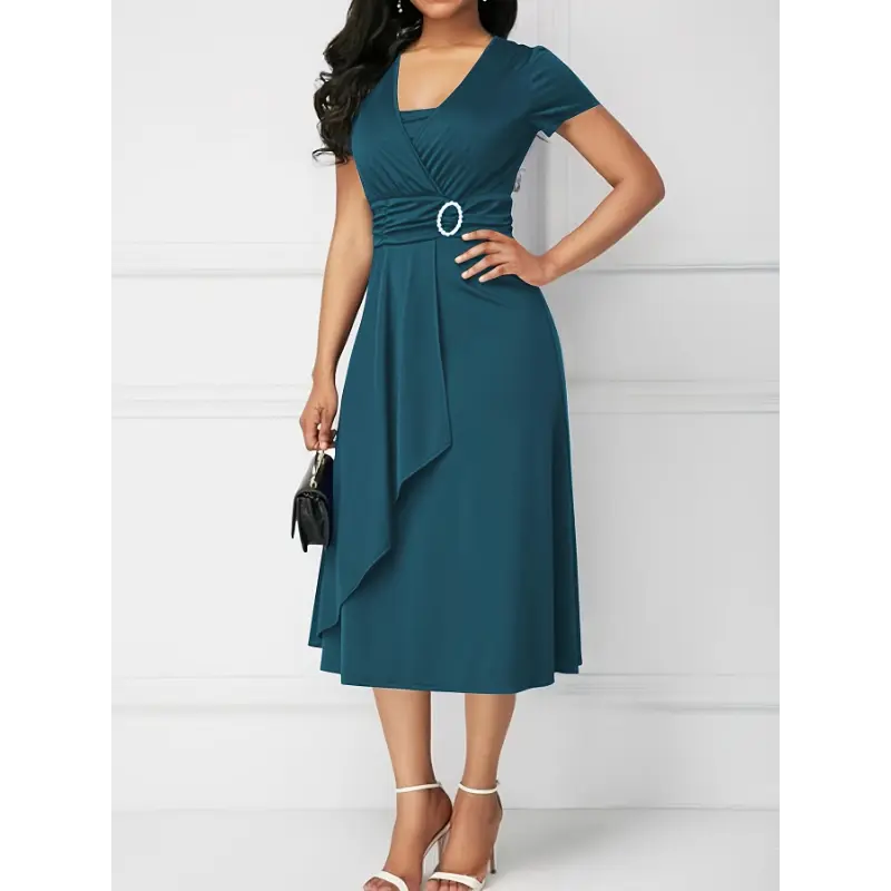 exercise Elegant Maroon Midi Dress with Rhinestone Detail - Short Sleeve, V-Neck, Asymmetrical Hem, Solid Color, Polyester Blend, Machine Washable, Chic Crossed Waist Midi Dress
