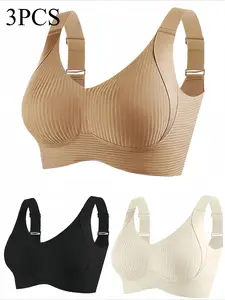 3pcs Set of Seamless Ribbed Women's Daily Casual Bras, Everyday Essential Bra, Wireless Padded Bras, Soft Gel Cups, High Elasticity Fit, Featuring Adjustable Soft-support Wide Straps, Wire-free Design, and Comfortable, Breathable Soft Fabric Underwear