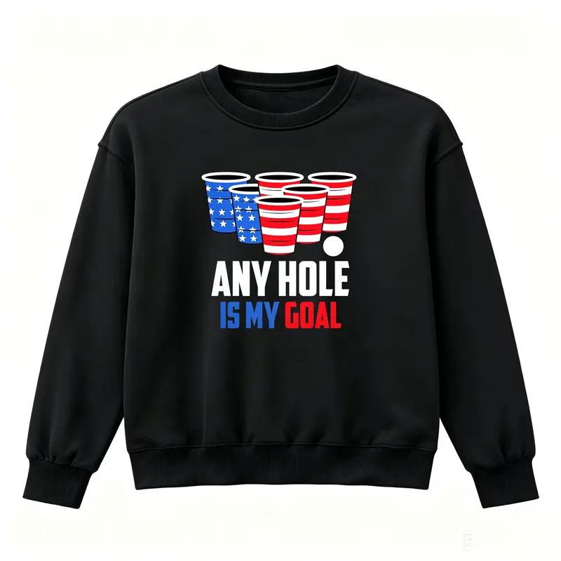 Men's Beer Pong Any Hole Is My Goal Oversized Crewneck Sweatshirt - USA Flag Red White Blue Cup Graphic Pullover, Funny Menswear Drinking Game Party Top with Soft Fabric (Pair with Sneakers/Joggers)