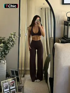Nude Seamless Fitness Set, Halter Back Gathered Tank Top, High Waist Tummy Control Wide Leg Pants, Casual Sportswear Two-Piece Set