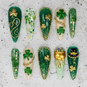 Handmade St. Patrick's Day Press On Nails, 3D Shamrock, Gold Pot Set